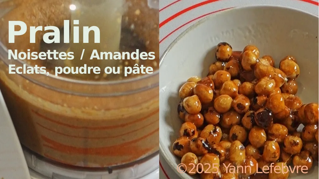 Pralin : Pâte ou poudre d’amandes/noisettes torréfiées et caramelisées, idéale pour parfumer crèmes, chocolats et desserts. Yann Lefebvre 2025