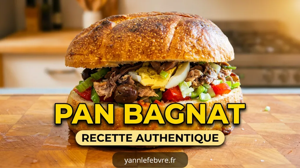 Pan bagnat traditionnel niçois, sandwich méditerranéen généreux garni de tomates, œufs, anchois et huile d’olive. Une spécialité emblématique de la cuisine de Nice par Yann Lefebvre