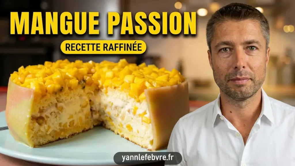 Gâteau fraisier revisité : mangues et sirop aux fruits de la passion. Yann Lefebvre