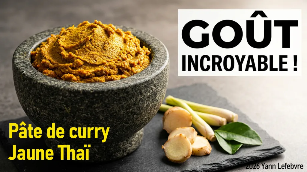 Pâte de curry jaune thaï maison authentique. Recette facile avec des épices et aromates frais. Base idéale pour tous vos currys thaïlandais. Par Yann Lefebvre.
