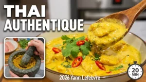 Découvrez ce poulet au curry jaune thaï ultra tendre, mijoté dans une sauce onctueuse au lait de coco et épices thaïlandaises. Un classique parfumé signé Yann Lefebvre.