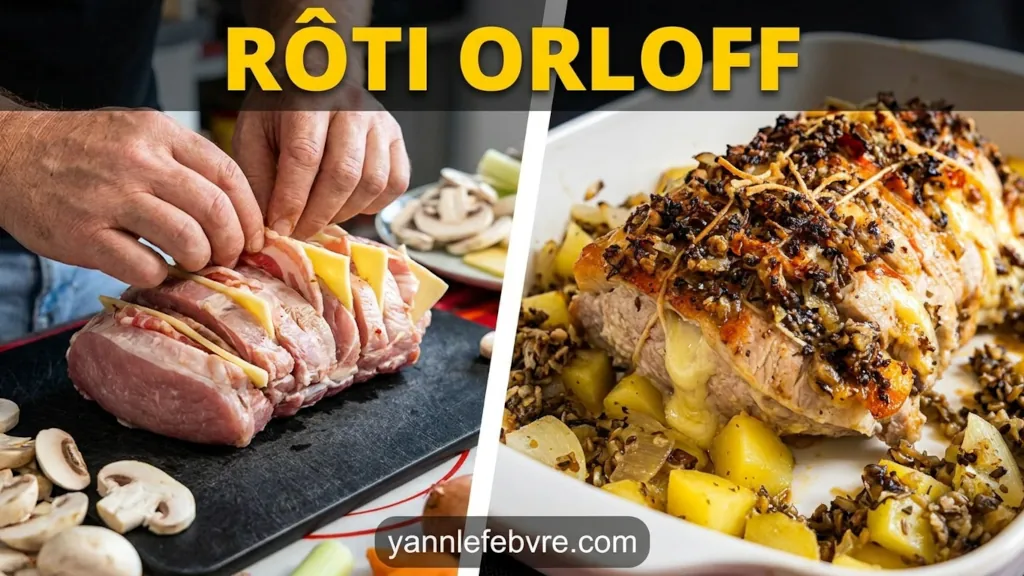 Rôti Orloff maison doré au four, composé de rôti de porc garni de tranches de fromage fondant entre les découpes. Une recette traditionnelle revisitée et ultra gourmande.
