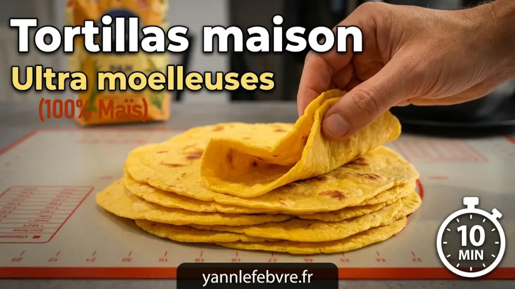Tortillas de maïs maison 100% farine de maïs. Recette authentique, souples et savoureuses, sans farine de blé. Parfaites pour tacos et fajitas. Par Yann Lefebvre.
